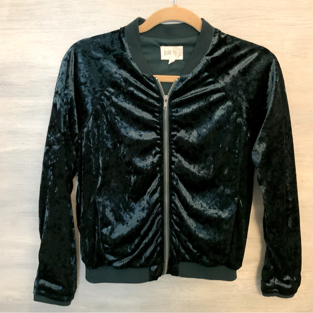 Jolt Dark Green Crushed Velvet Bomber Jacket Medium Like New